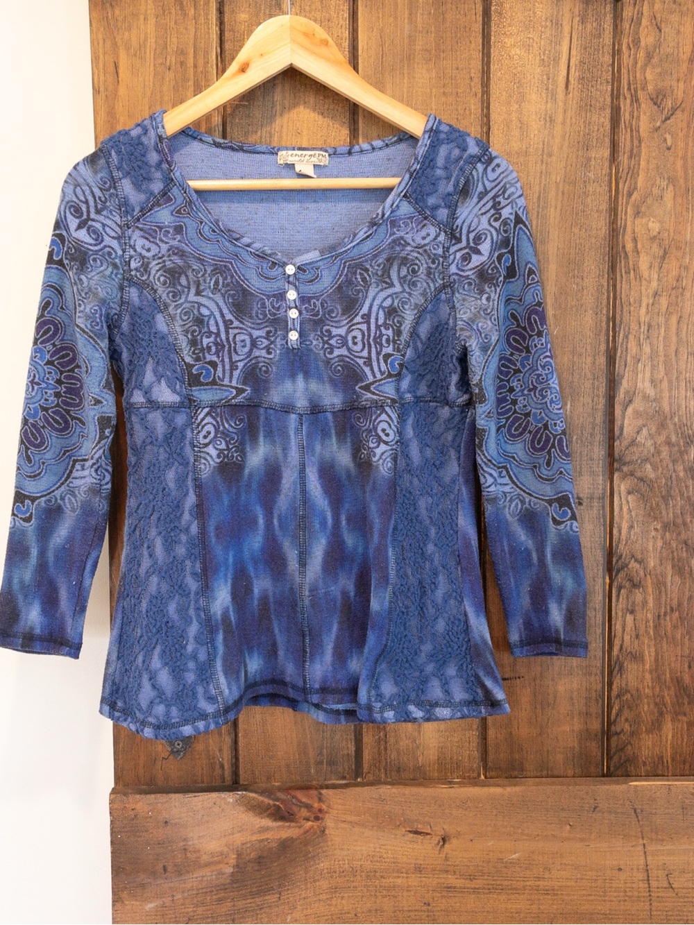 Energe World Wear Boho Lace Layer Henley Top Blue Purple Arsty Dark Fairycore